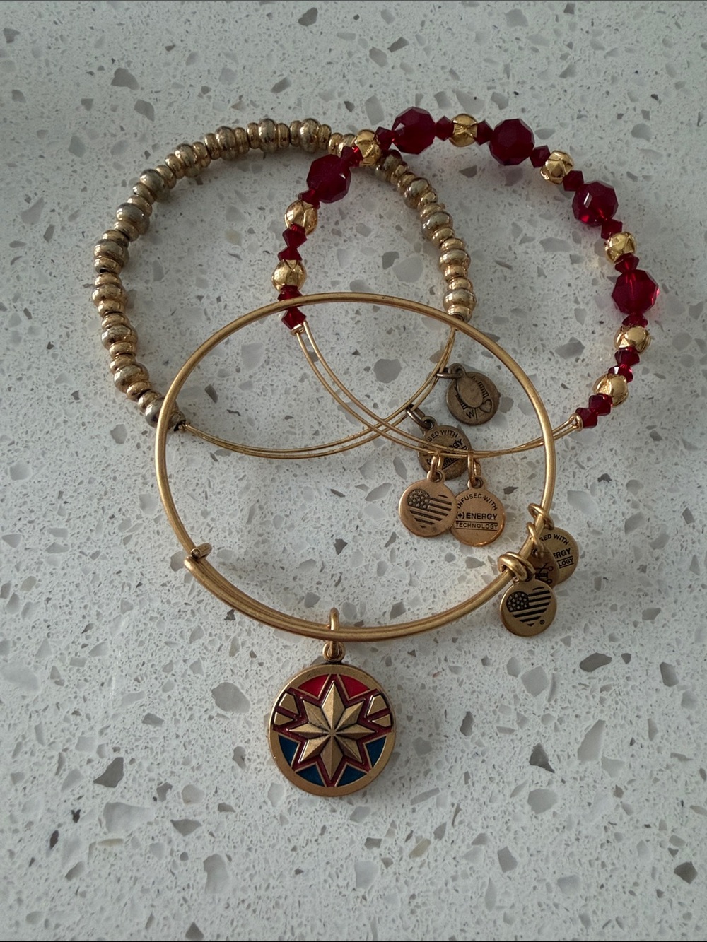 Alex and Ani Gold Tone Bracelet Set with Red and Blue Star Charm